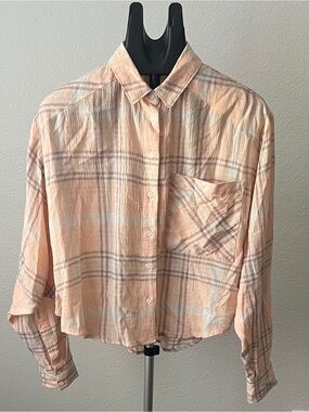 Free People Cutie Oversized Cropped Plaid Button Down Shirt Peach Gold Metallic